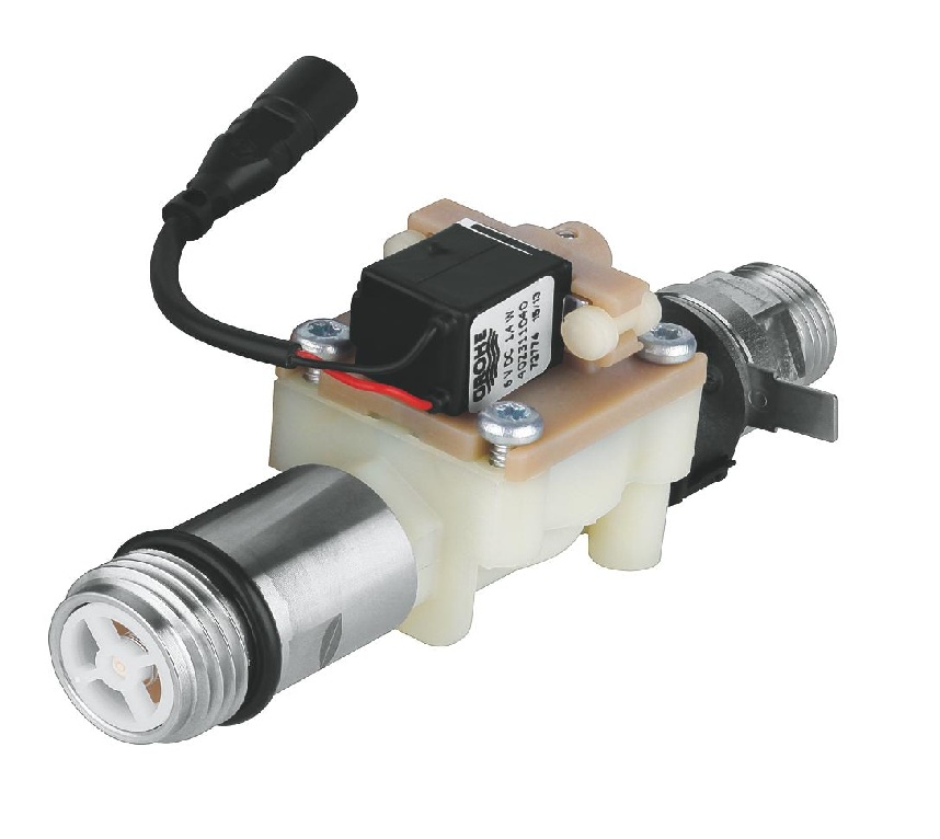 Solenoid valve with electromagnetic coil for automatic faucet flow control