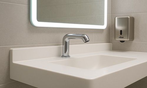 Wall-mounted sinks and mirrors in a hospitality bathroom