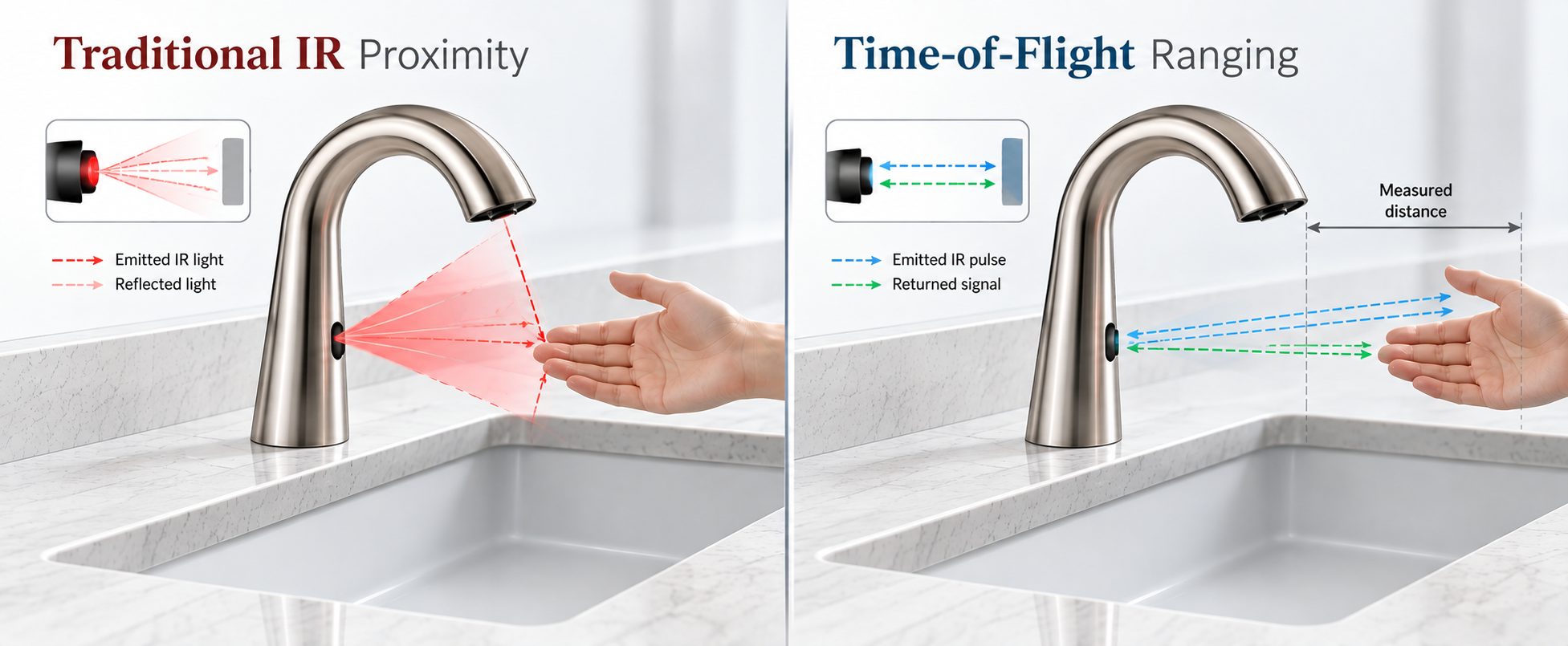 Traditional IR versus Time-of-Flight touchless faucet ranging comparison