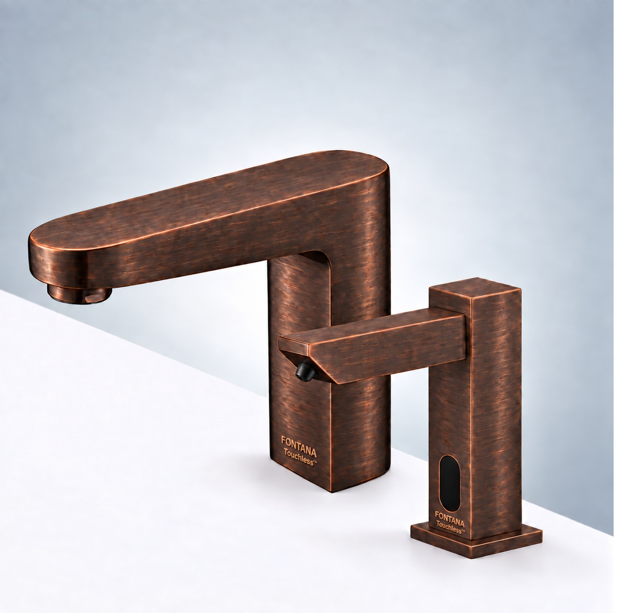 Unique deck-mounted touchless soap dispenser set in antique brass finish