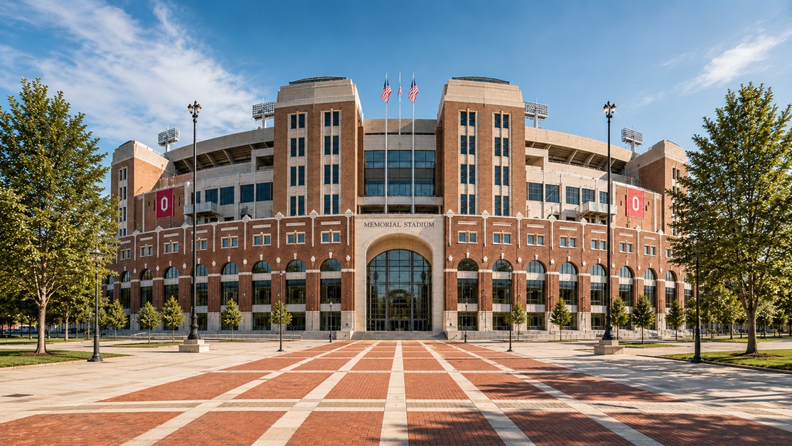 Memorial Stadium exterior representing university venue restroom reliability requirements
