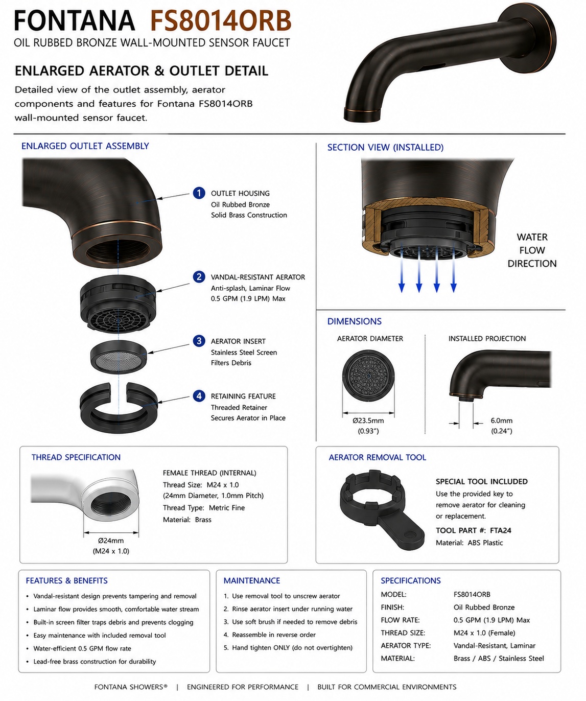 Fontana FS8014ORB oil rubbed bronze wall-mounted faucet enlarged aerator and outlet detail showing outlet housing, vandal-resistant aerator, insert, retaining feature, thread size, removal tool and flow direction