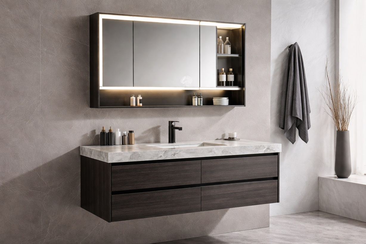 Fontana Luxury Wall Mount Floating Bathroom Sintered Stone Countertop Ceramic Basin with LED Mirror Cabinet (FS-BLKE1232)