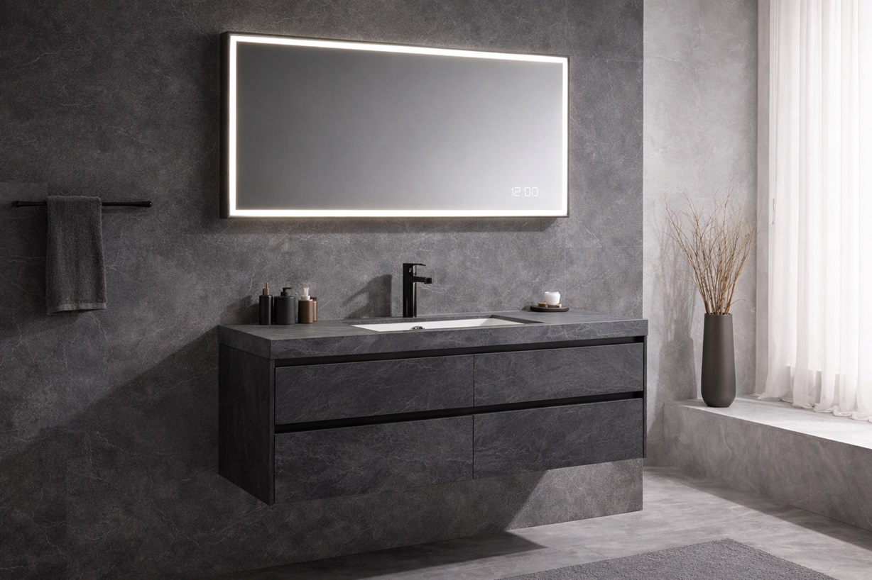 Fontana Wall Mounted Slate Floating Luxury Bathroom Vanity Set with LED Smart Mirror and Single Sink Faucet (FS-DG1681)
