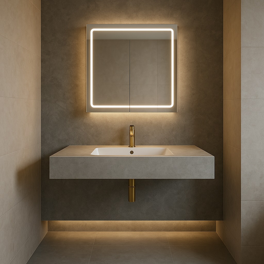 Floating wall-mounted sink in luxury compact hotel bathroom