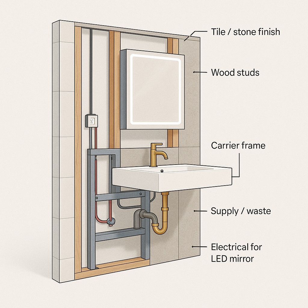 Wall-mounted sink and mirror in compact commercial restroom