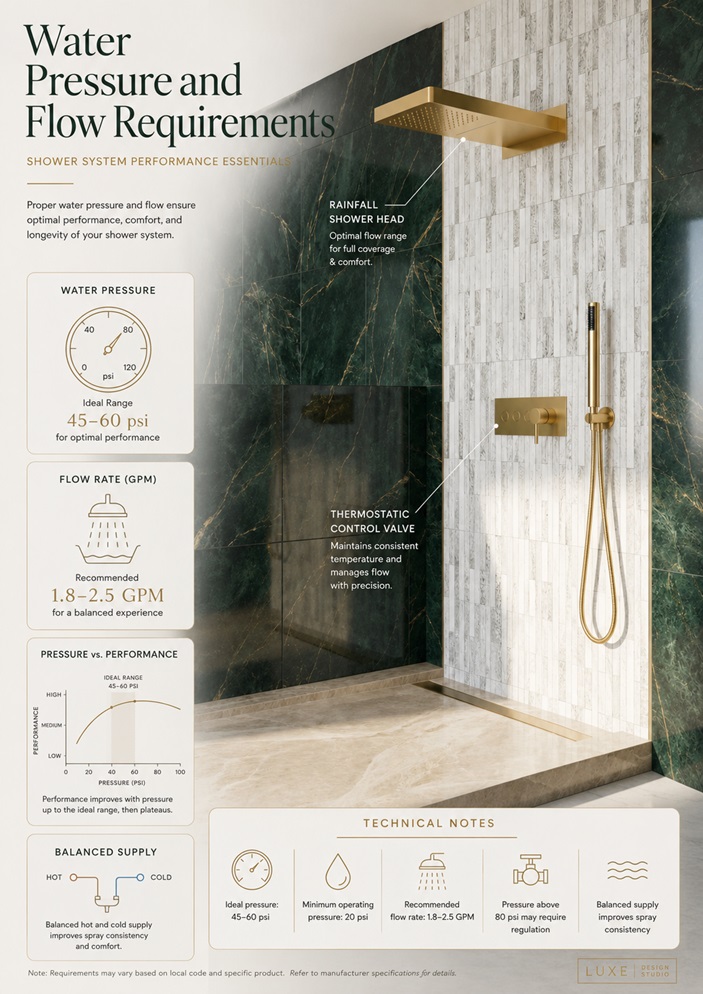 Fontana FS-Large Rain Shower Head System hydraulic schematic showing hot and cold supplies, thermostatic mixing valve, diverter, rain head, hand shower, six body jets, pipe sizing, pressure losses and flow requirements