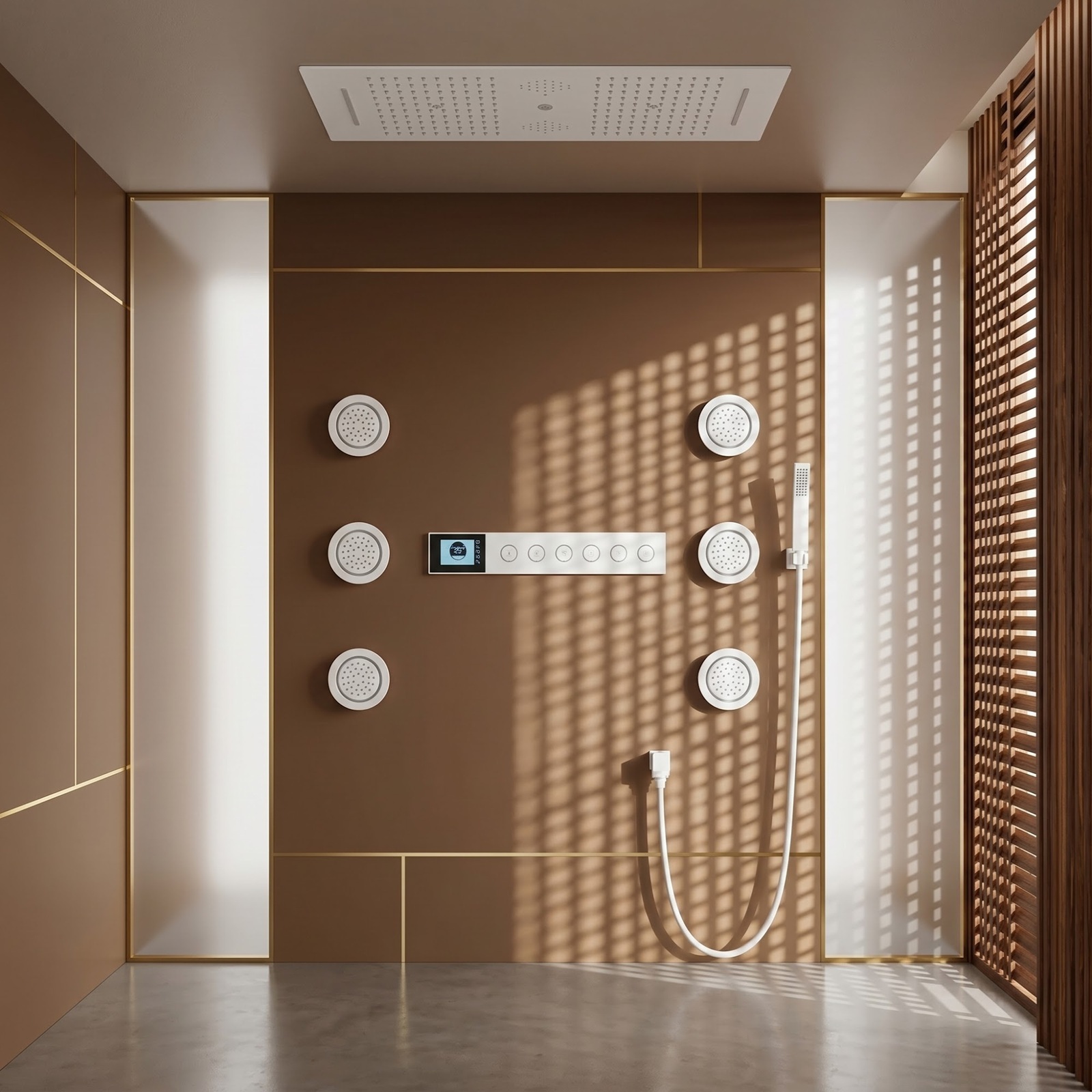 Large rainfall shower head with broad overhead water coverage