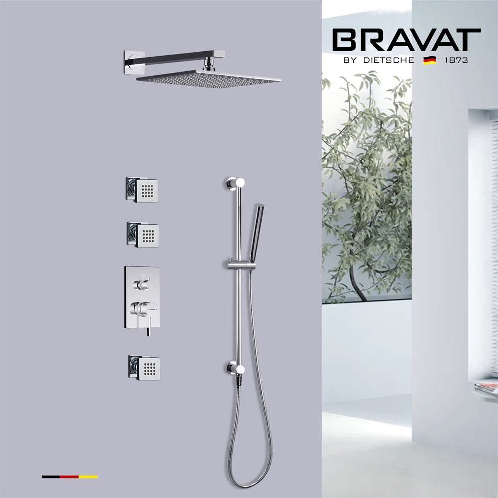 Fontana Wall Mount Thermostatic Rain Shower System Matte Black with Body Jets and Hand Shower