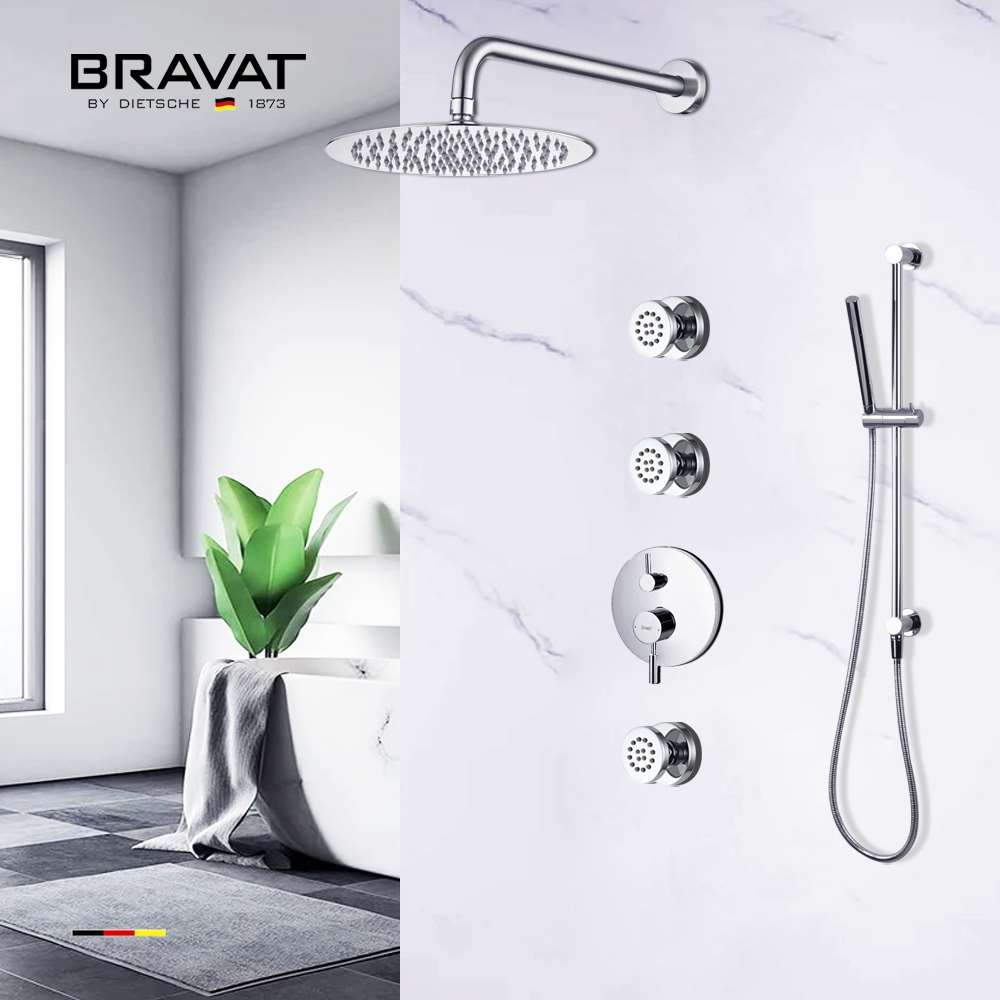 Fontana Wall Mount Thermostatic Rain Shower System Brushed Nickel with Body Jets