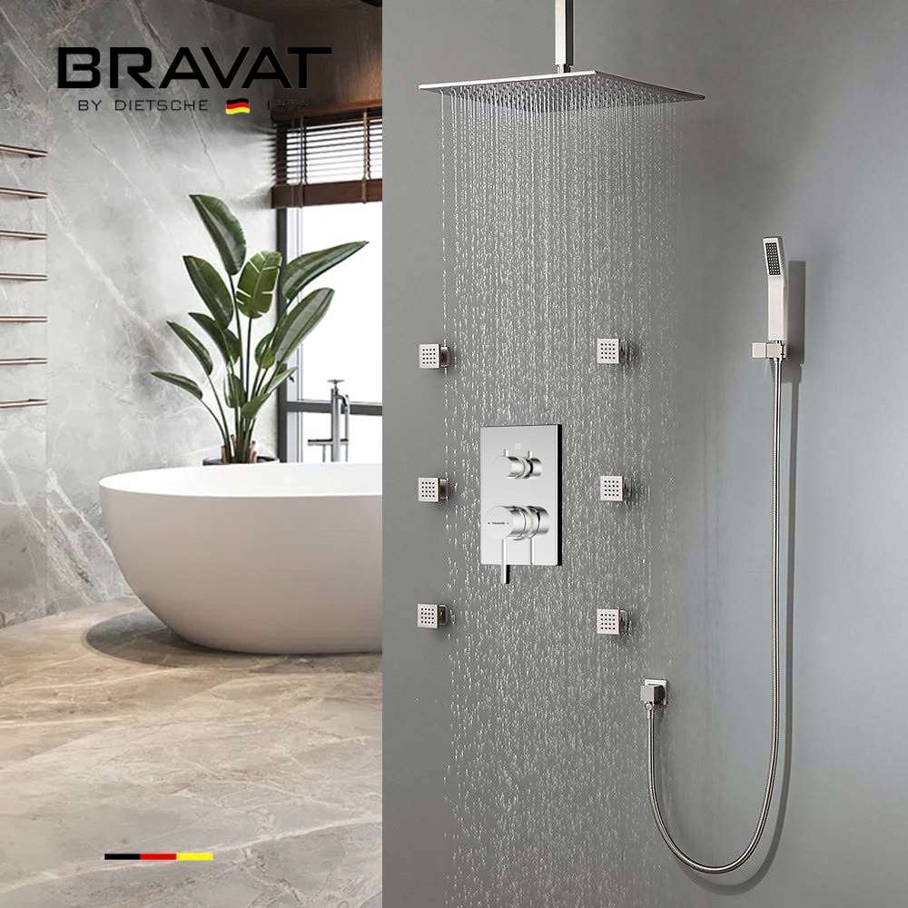 Fontana Thermostatic Rainfall Shower Set with Body Jets Brushed Nickel