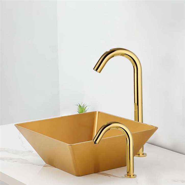 Fontana Vessel Sink and Goose Neck Gold Touchless Motion Sensor Faucet with Auto Liquid Soap Dispenser