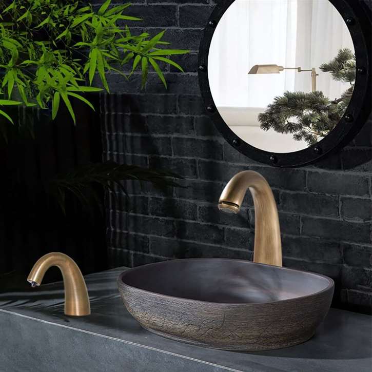 Fontana Vessel Sink and Antique Gold Touchless Motion Sensor Faucet with Auto Liquid Soap Dispenser
