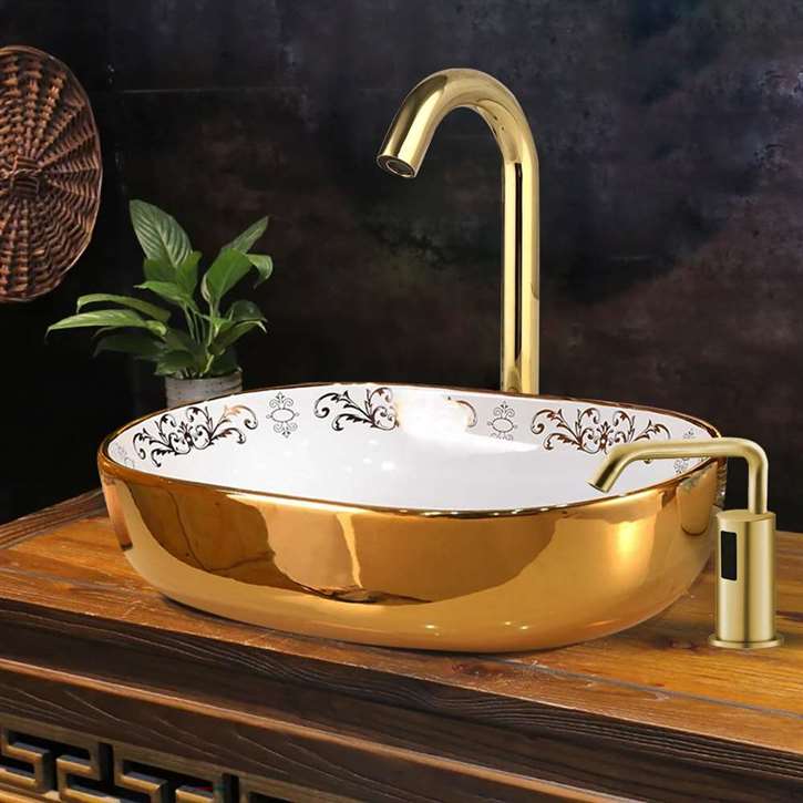 Fontana Vessel Sink and Geneva Gold Touchless Motion Sensor Faucet with Auto Liquid Soap Dispenser