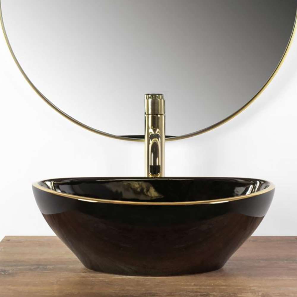 Gold and Black Vessel Sink and Gold Touchless Faucet Combo