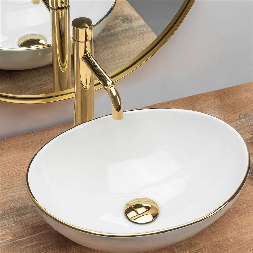 Gold Touchless Faucet and Gold and Pearl White Sink Combo