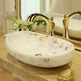 Fontana Gold & Pearl White Ceramic Vessel Sink with Gold Touchless Brass Faucet Featuring Infrared Motion Sensor