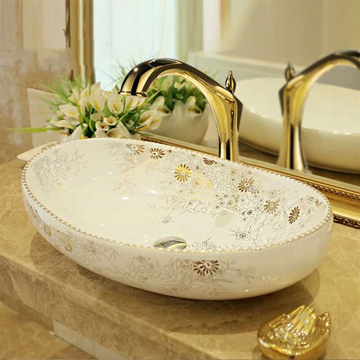 Fontana Gold & Pearl White Ceramic Vessel Sink with Gold Touchless Brass Faucet Featuring Infrared Motion Sensor