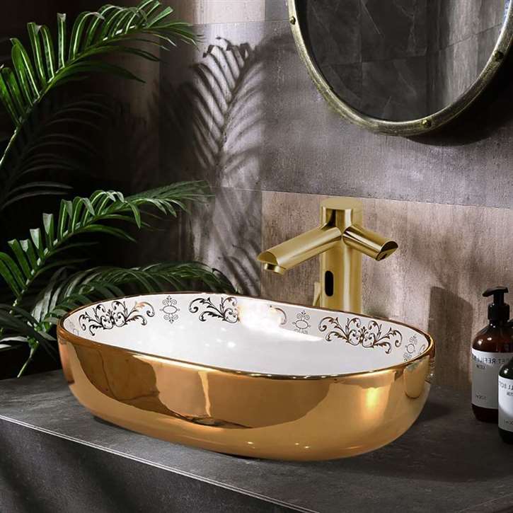 Fontana Vessel Sink and Lima Gold Finish Touchless Motion Sensor Faucet with Auto Liquid Soap Dispenser
