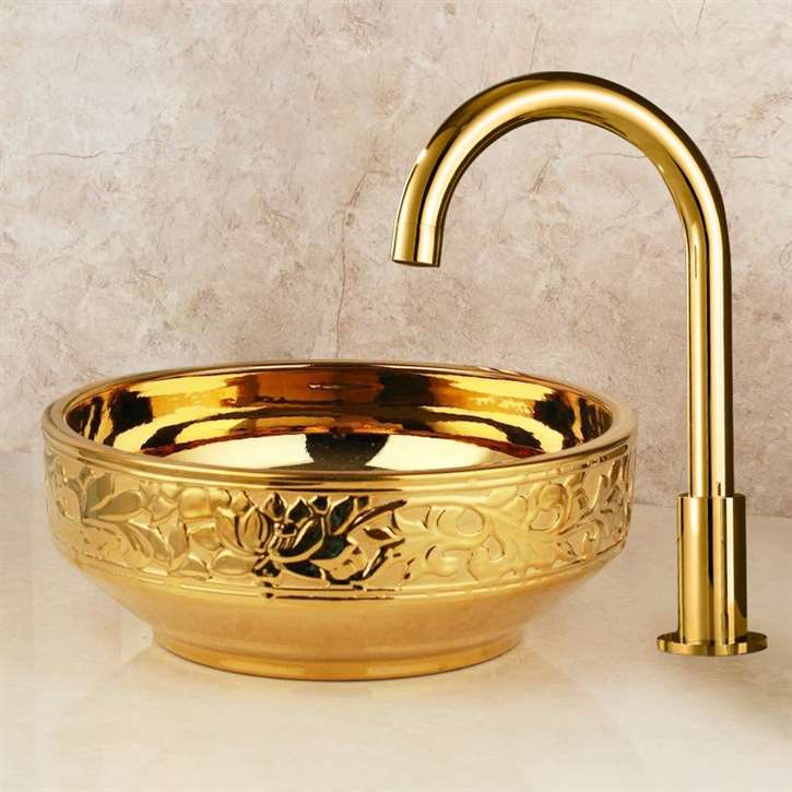 Fontana Vessel Sink and Gold Royal Queen Touchless Faucet