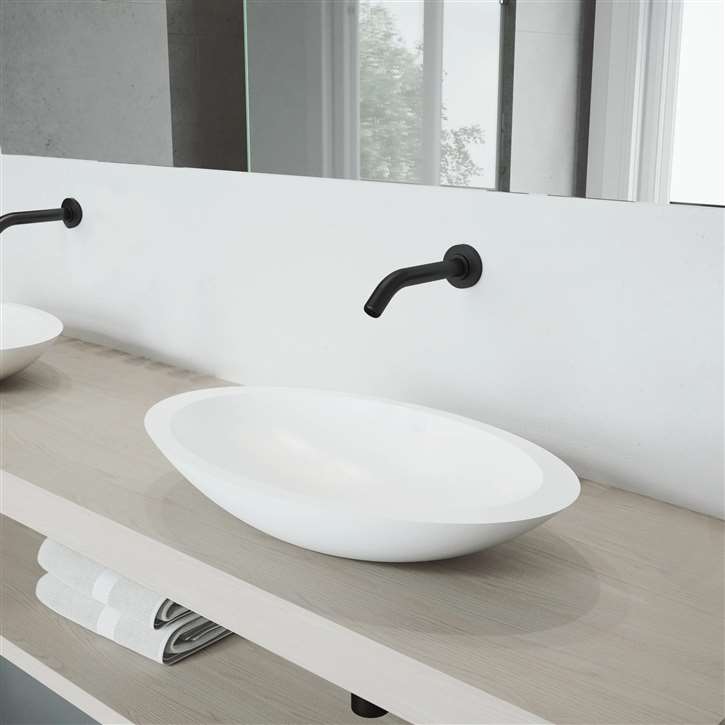 Fontana Oval Ceramic Vessel Sink with Black Wall-Mounted Touchless Brass Faucet Featuring Infrared Motion Sensor