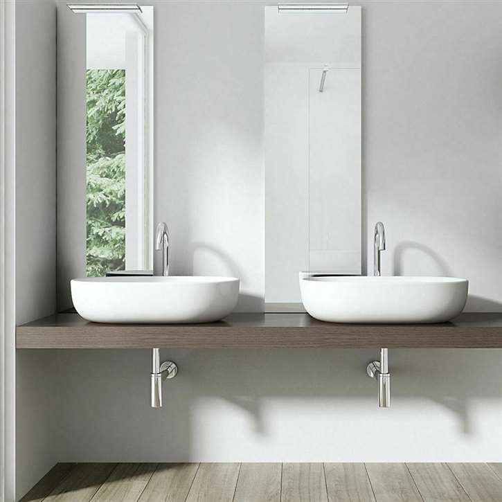 Fontana DSFD0024GS vessel sink and chrome touchless motion sensor faucet overall combo dimensions showing front, side and plan views, outlet alignment and installation envelope