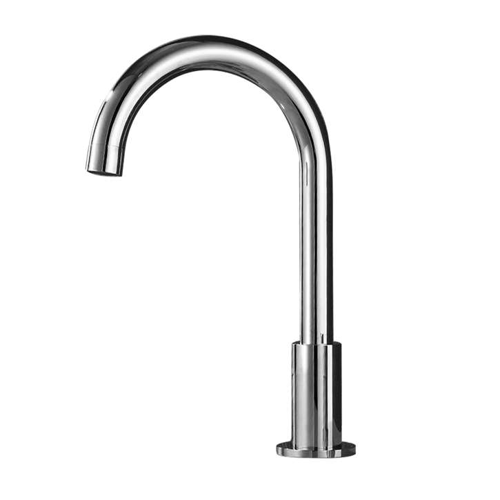 Fontana DSFD0024GS chrome touchless sensor faucet dimensional drawing showing overall height, spout projection, outlet position, sensor location, deck footprint and mounting centerline