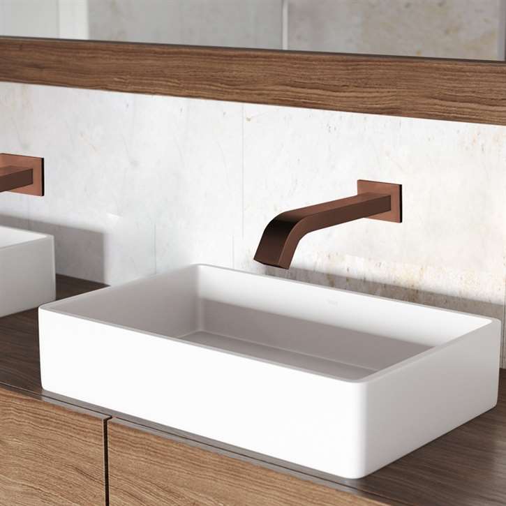 Fontana Rectangular Ceramic Vessel Sink with Black Wall-Mounted Touchless Brass Faucet Featuring Infrared Motion Sensor