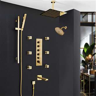 Fontana Brand vs Houzz Gold and Brushed Brushed Gold Dual Shower Head Rainfall Shower System