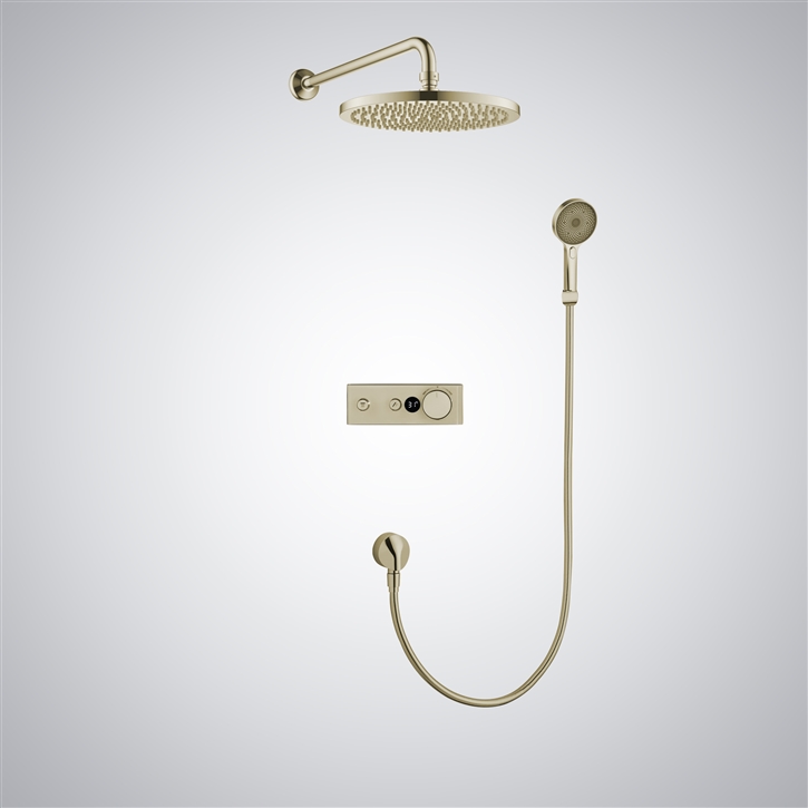 Fontana Rimini Champagne Digital Mixer Wall Mount Round Rainfall Shower System with Hand Shower