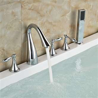 Ancona Chrome Finish Three Handles Deck Mount Bathtub Mixer Faucet Set With Handheld Shower