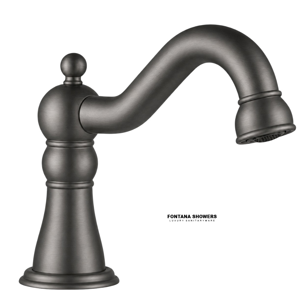 Fontana Brio PrimeSense FS-1095GMG Gun Metal Gray touchless bathroom faucet installation height and basin clearance drawing showing finished countertop, faucet outlet, basin rim, water stream, sensor zone and service clearance