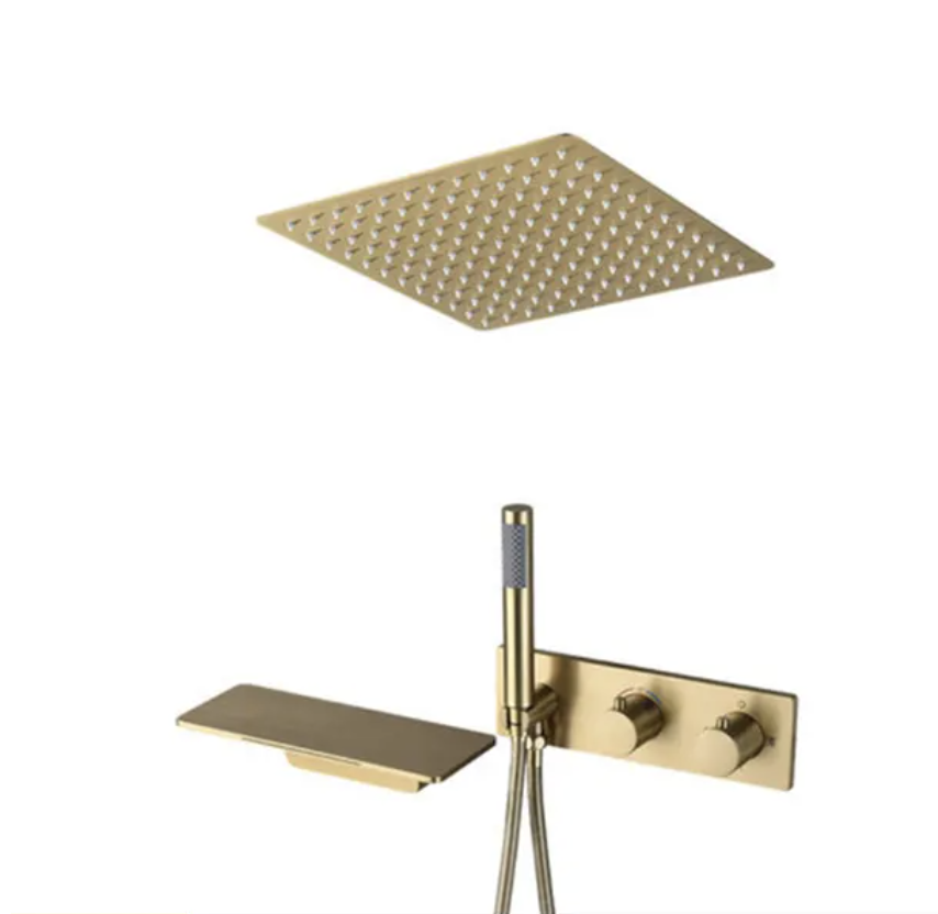 Fontana Boldmere Brushed Gold Finish Concealed Ceiling Shower Head With Wall Mounted Hot And Cold Waterfall Mixer Type B Shower Set