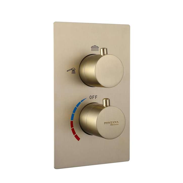 Fontana Brushed Gold Thermostatic Two Knob Three Way Concealed Shower Mixing Valve