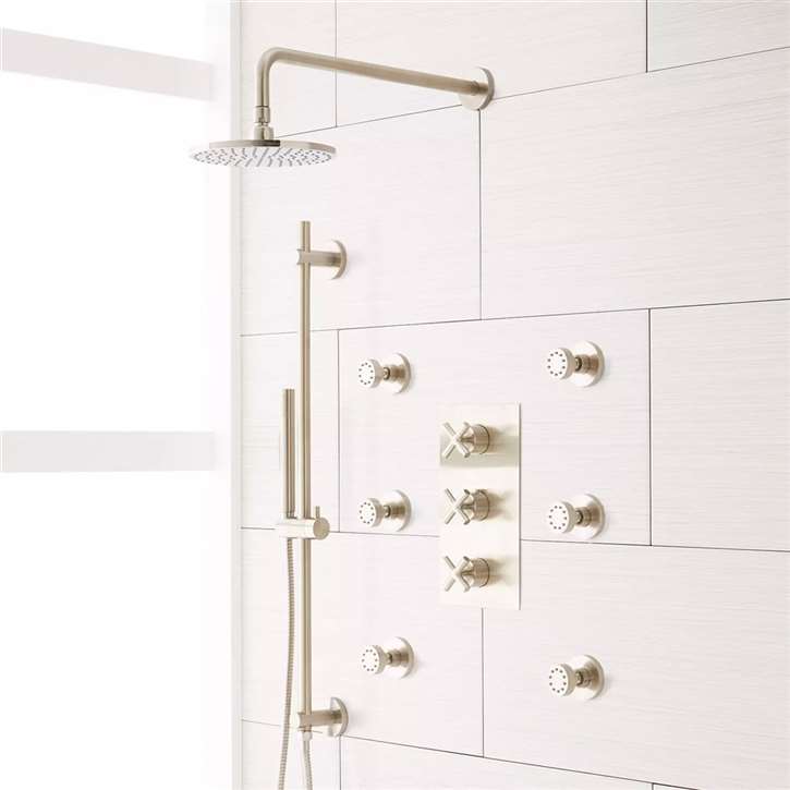 Brushed-nickel rainfall shower-system installation planning