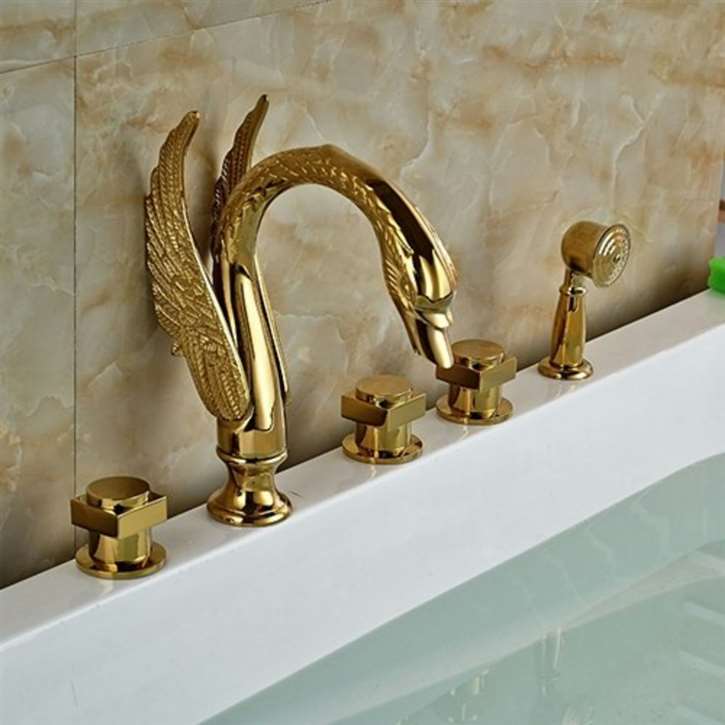 Amancio Gold Finish Round Handles Bathroom Tub Faucet With Hand Shower