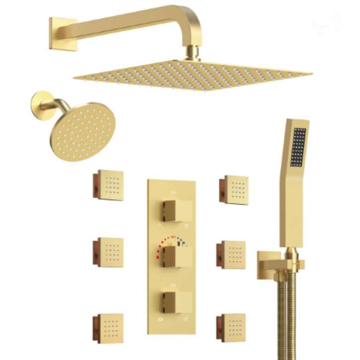Fontana Erdington In  Brushed Gold Dual Shower Heads 12" And 6" Inches 3-Function Thermostatic With 6 Body Jets Shower System