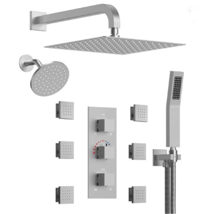 Fontana Erdington In Brushed Nickel Dual Shower Heads 12" And 6" Inches 3-Function Thermostatic With 6 Body Jets Shower System