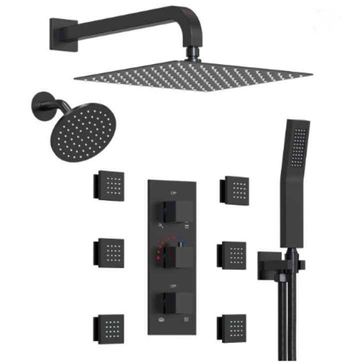Fontana Erdington In  Matte Black Dual Shower Heads 12" And 6" Inches 3-Function Thermostatic With 6 Body Jets Shower System