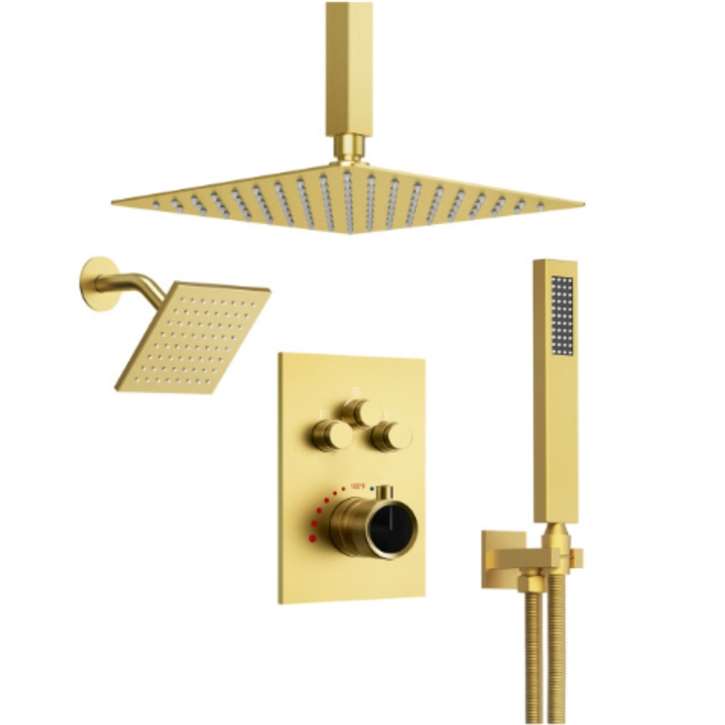 Fontana Smithfield Dual Shower Heads In Brushed Gold 12"Inches With 3-Way Thermostatic Shower System