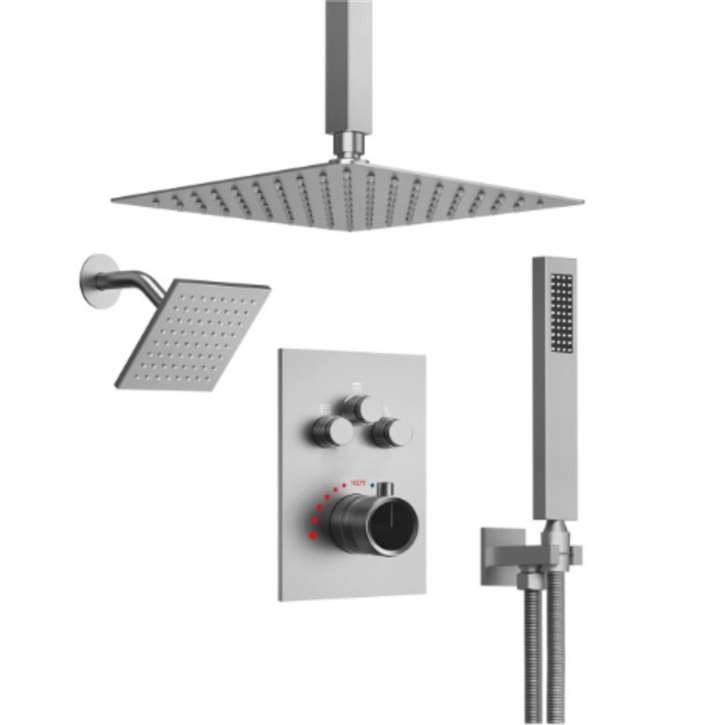 Fontana Smithfield Dual Shower Heads In Brushed Nickel 12"Inches With 3-Way Thermostatic Shower System