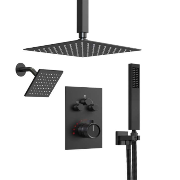 Fontana Smithfield Dual Shower Heads In Matte Black 12"Inches With 3-Way Thermostatic Shower System