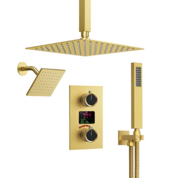 Fontana Hockley Dual Shower Heads In Brushed Gold 12" Inches With Digital Display Shower System