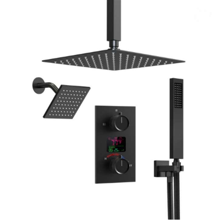 Fontana Hockley Dual Shower Heads In Matte Black 12" Inches With Digital Display Shower System
