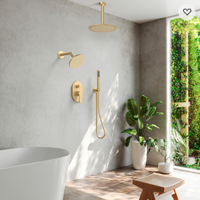 Fontana Witton Dual Rain Shower Heads In Brushed Gold 10"x6" Inches With Handheld Shower And Rough-In Valve Shower System