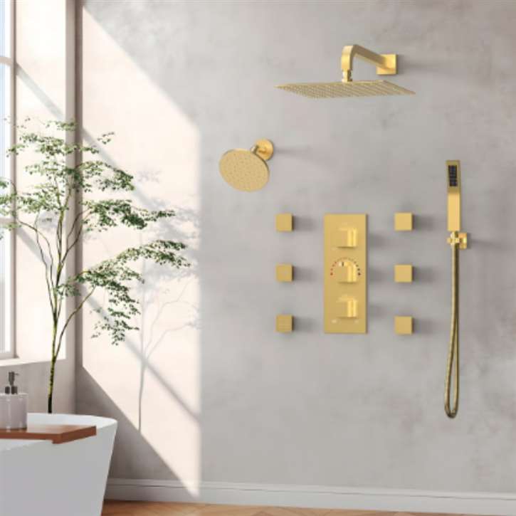 Fontana Frankley Thermostatic In Brushed Gold 3-Function and Dual Shower Head With 6 Body Spray 12" And 6 Inches Shower System