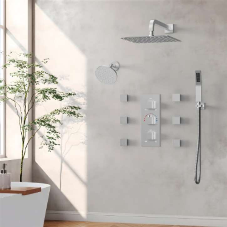 Fontana Frankley Thermostatic In Brushed Nickel 3-Function and Dual Shower Head With 6 Body Spray 12" And 6 Inches Shower System
