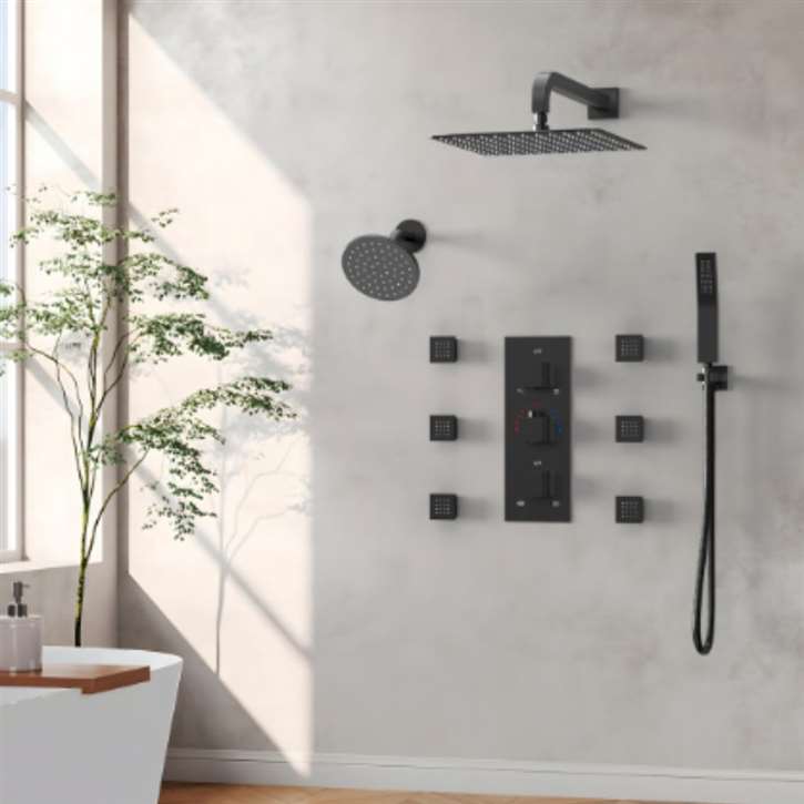 Fontana Frankley Thermostatic In Matte Black 3-Function and Dual Shower Head With 6 Body Spray 12" And 6 Inches Shower System