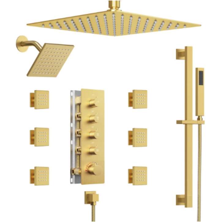 Fontana Highgate Thermostatic Dual Shower Heads 16"Inches In Brushed Gold With Rough-In Valve And Body Jets Shower System