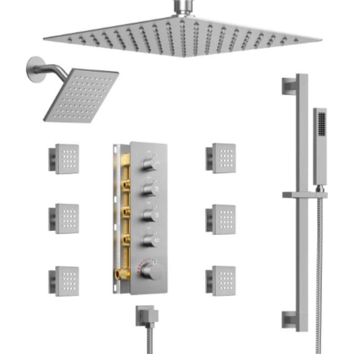 Fontana Highgate Thermostatic Dual Shower Heads 16"Inches In Brushed Nickel With Rough-In Valve And Body Jets Shower System